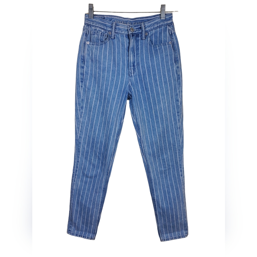 American Eagle Womens Jeans Sz 00 Mom Jeans Stripes Blue White Stretch AE